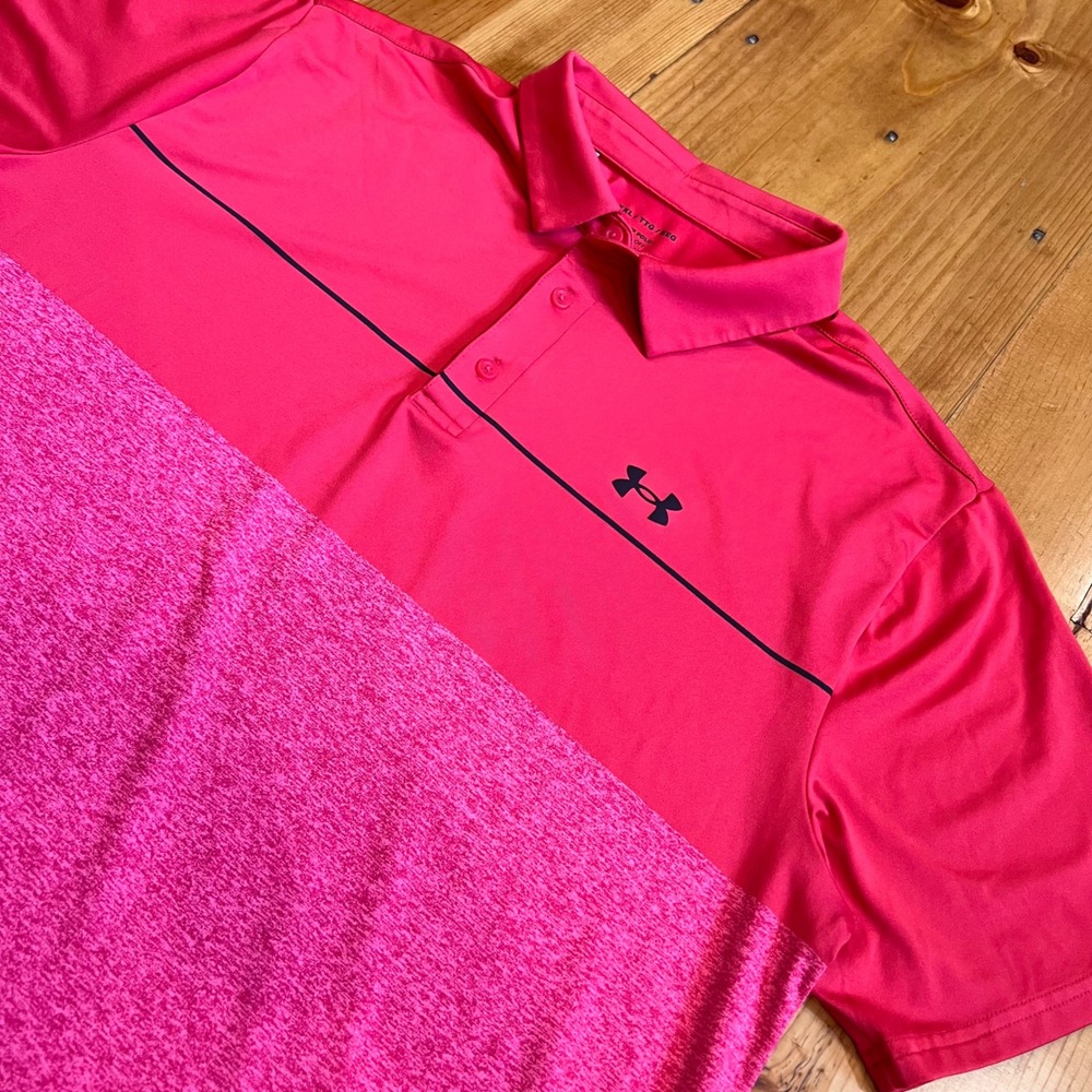 Under Armour Mens Playoff Polo Shirt XXL Pink Colorblock Heathered Golf Top A10 - Picture 2 of 6
